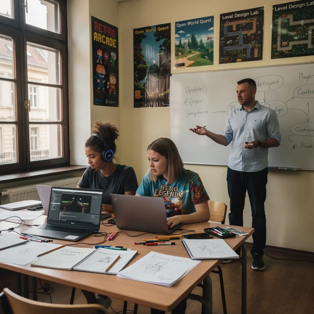 Interaktív média elemeket bemutató képernyőkép, amely különböző szintek és karakterek tervezését ábrázolja.
