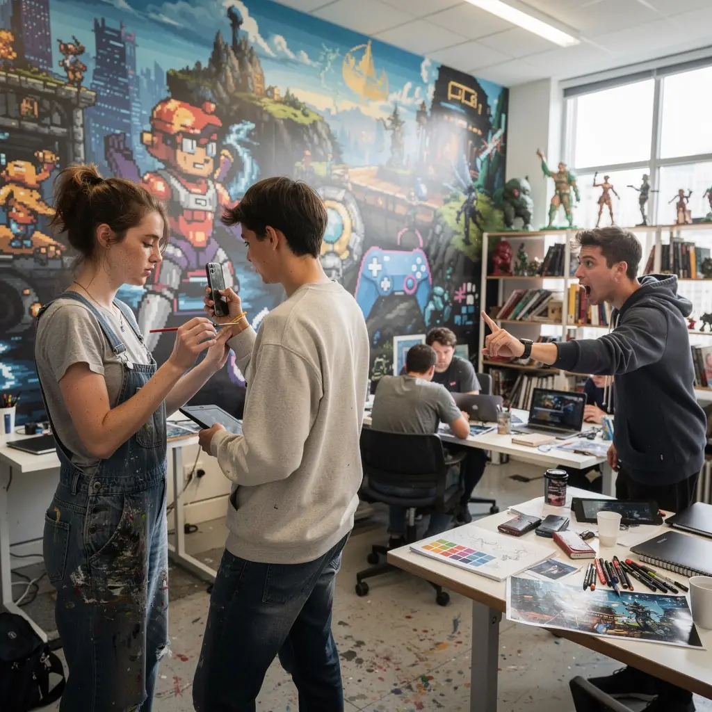 Videójáték prototípus, amelyet egy diák mutat be a csoportnak.