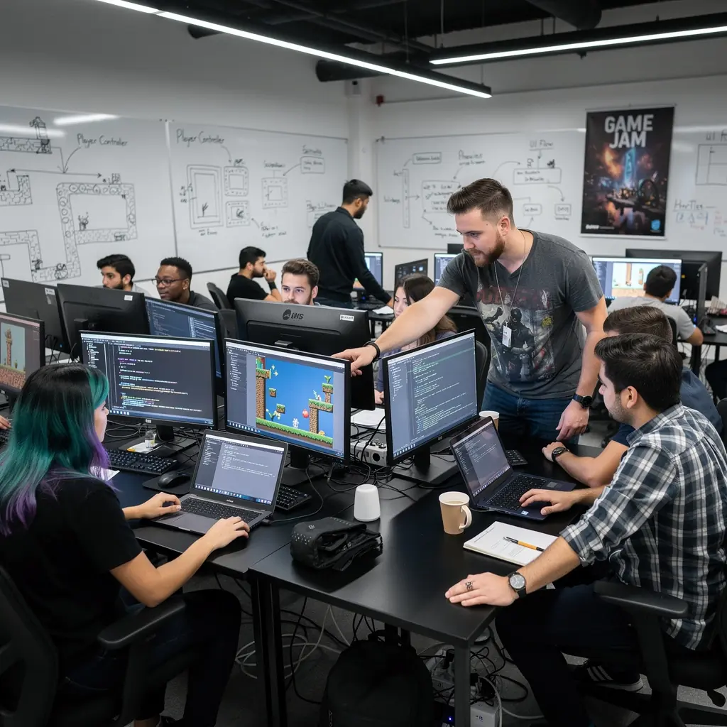 Videójáték prototípus, amelyet egy diák mutat be a csoportnak.